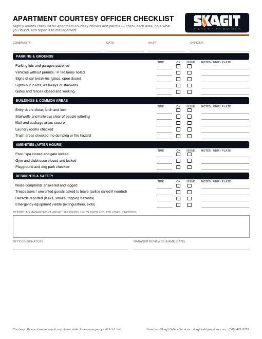 Preview of the free fillable Apartment Courtesy Officer Checklist