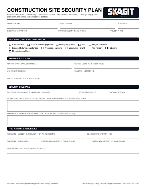 Preview of the free fillable Construction Site Security Plan Template