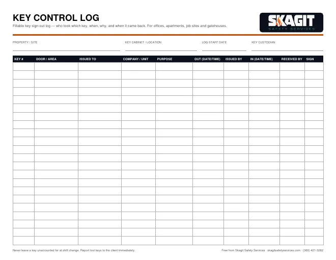 Preview of the free fillable Key Control Log