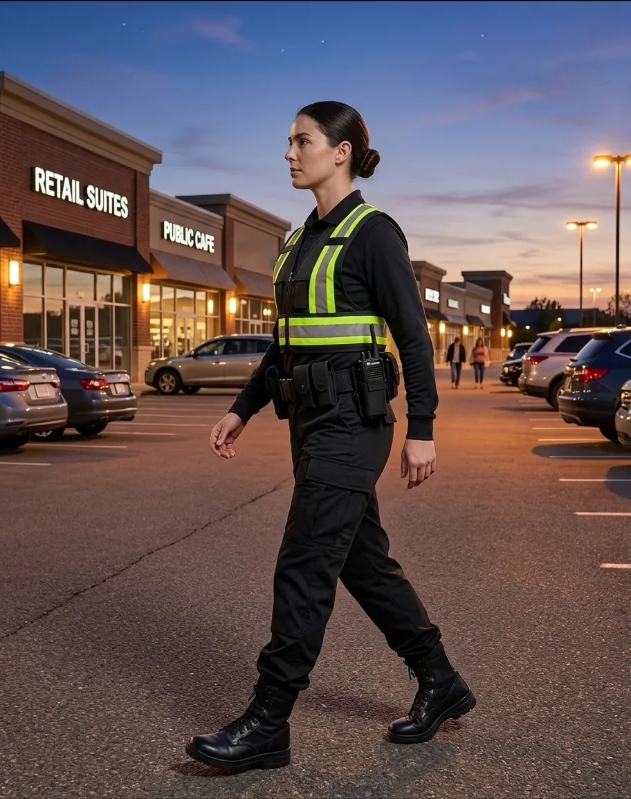 Uniformed officer patrolling a retail center parking lot