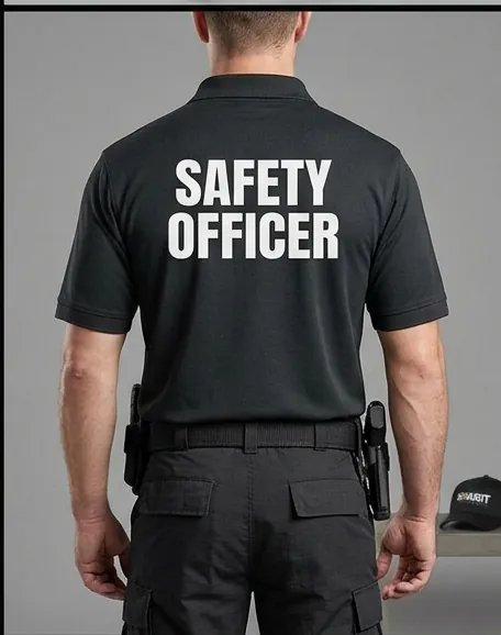 Black polo with SAFETY OFFICER printed on the back