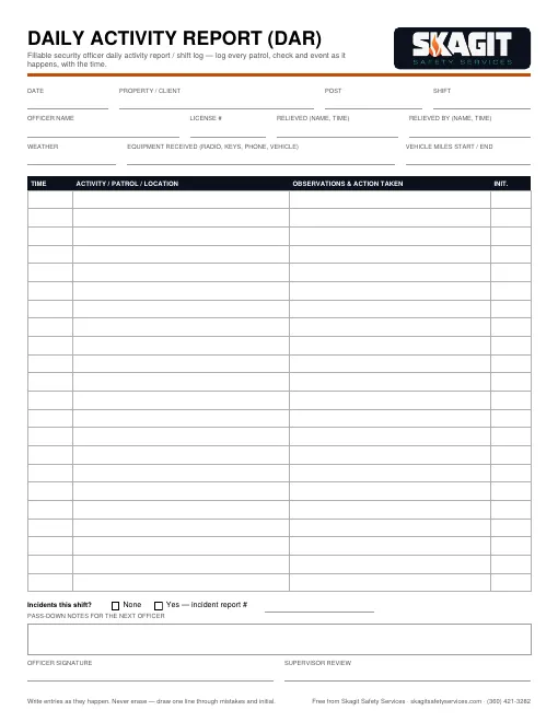 Preview of the free fillable Daily Activity Report (DAR)