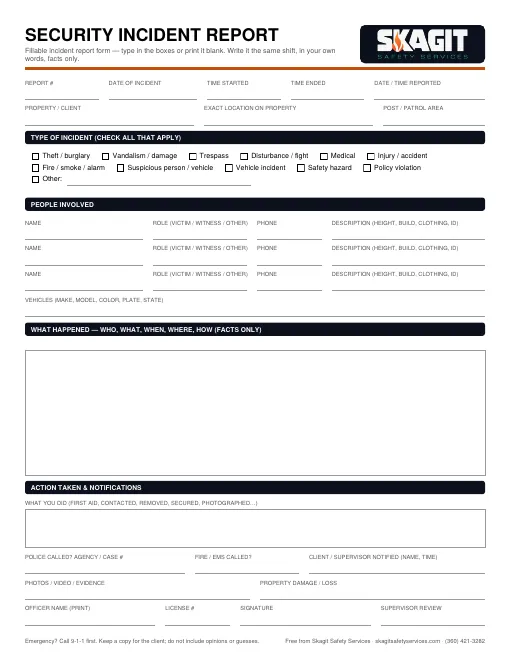 Preview of the free fillable Security Incident Report Form