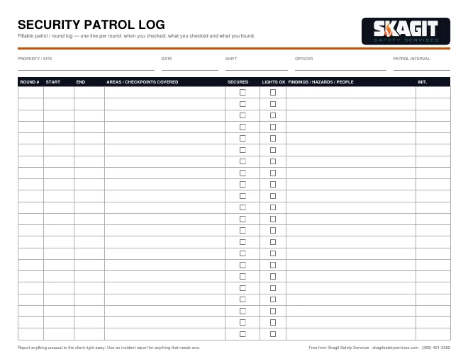 Preview of the free fillable Security Patrol Log