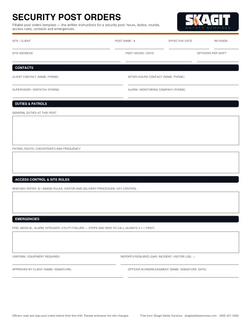 Preview of the free fillable Security Post Orders Template