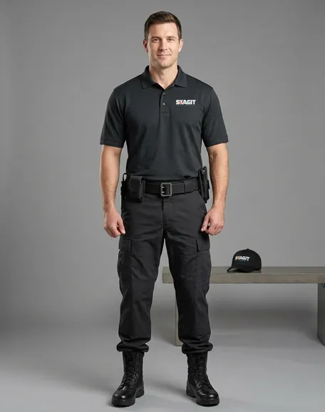 Skagit Safety Services officer in uniform: black logo polo, duty belt, BDU pants and boots