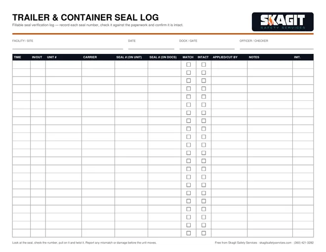 Preview of the free fillable Trailer & Container Seal Log