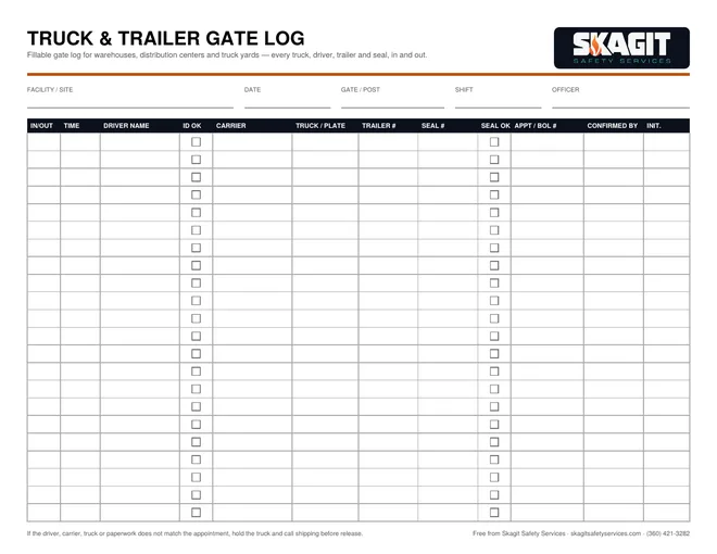 Preview of the free fillable Truck & Trailer Gate Log