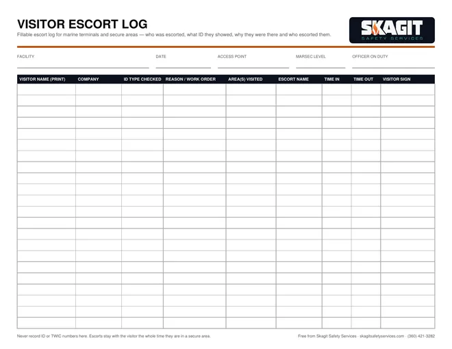 Preview of the free fillable Visitor Escort Log