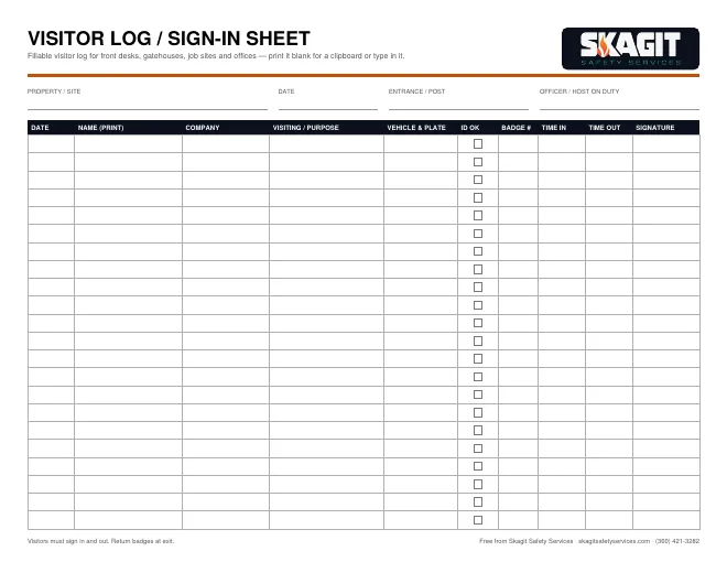 Preview of the free fillable Visitor Log / Sign-In Sheet