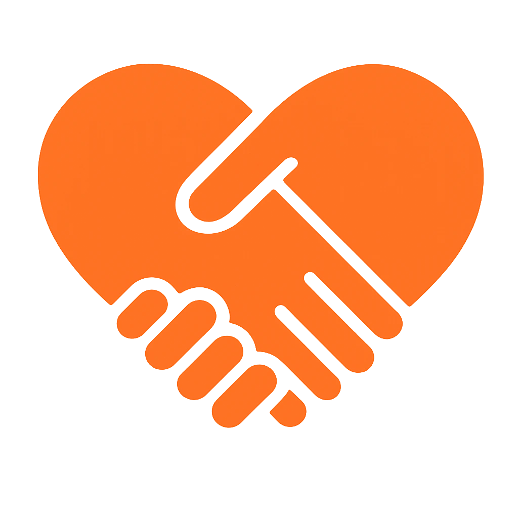 Orange heart icon with a handshake in the center.