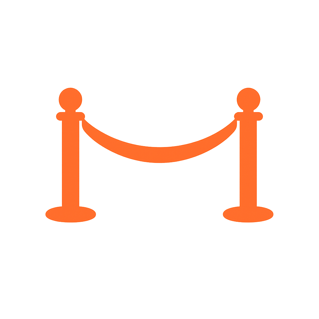 Orange event stanchions and velvet rope icon representing special events and venue safety compliance for Skagit County fire watch services.